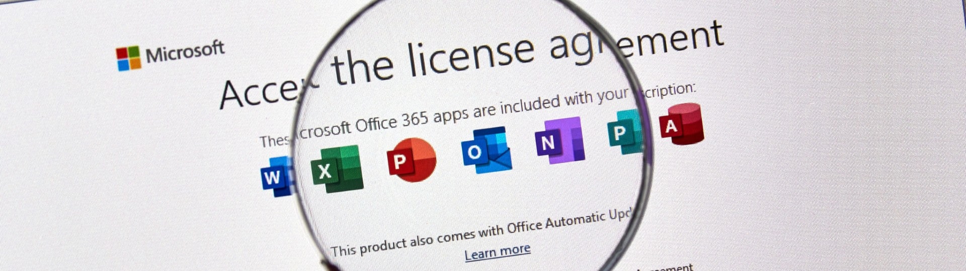 Magnifying glass highlighting the Microsoft Office 365 license agreement screen showing Word, Excel, PowerPoint, OneNote, Publisher, and Access icons with an "Accept" button below.